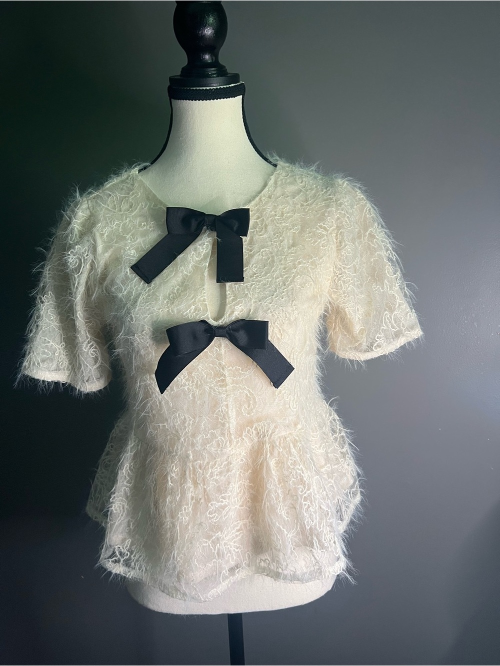 JOIE Coquette Bow Peplum Knit Top Women's Cream Black Fuzzy Lace. Size XS. NWOT